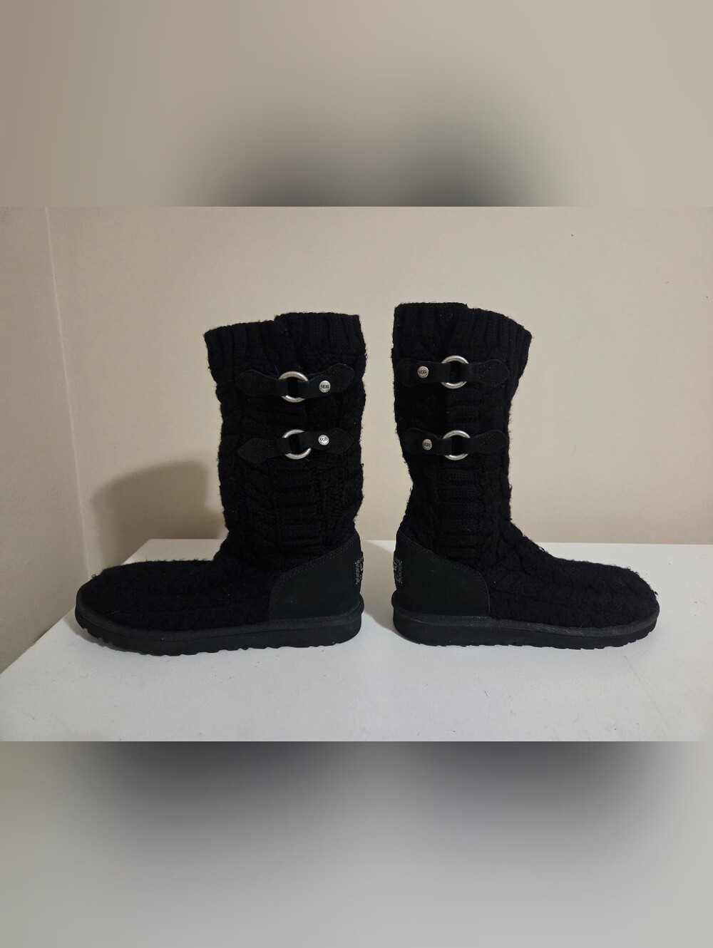 UGG Australia Lattice Cardy Black Knit Triple Button Tall Boots Size 7